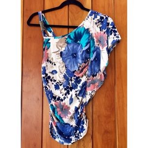 Shasa Beaded Shoulder Floral Asymmetrical Blouse